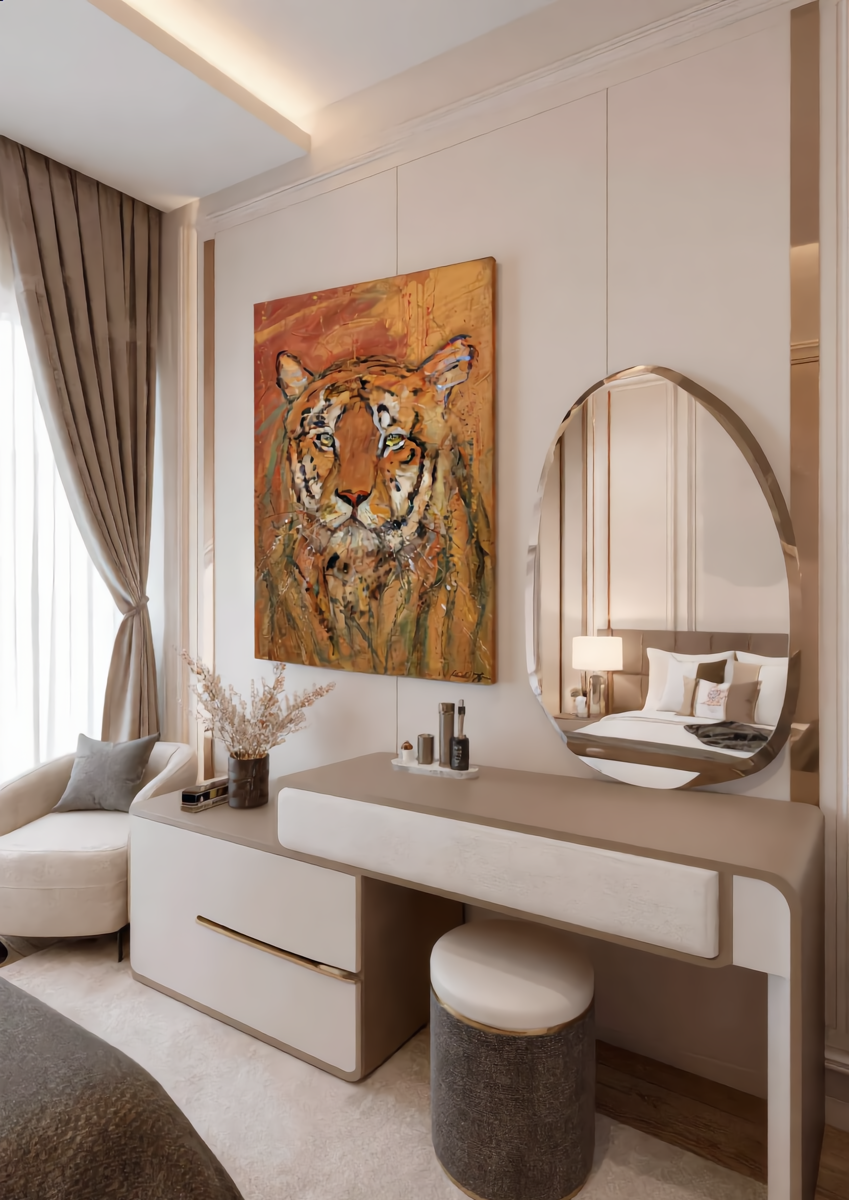The Tiger premium canvas wall art by Swiss artist Heidi Thöni displayed in a modern luxury bedroom with elegant interior design