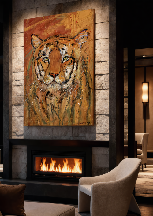 Premium tiger canvas wall art by Swiss artist Heidi Thöni displayed above a modern fireplace in a luxury living room