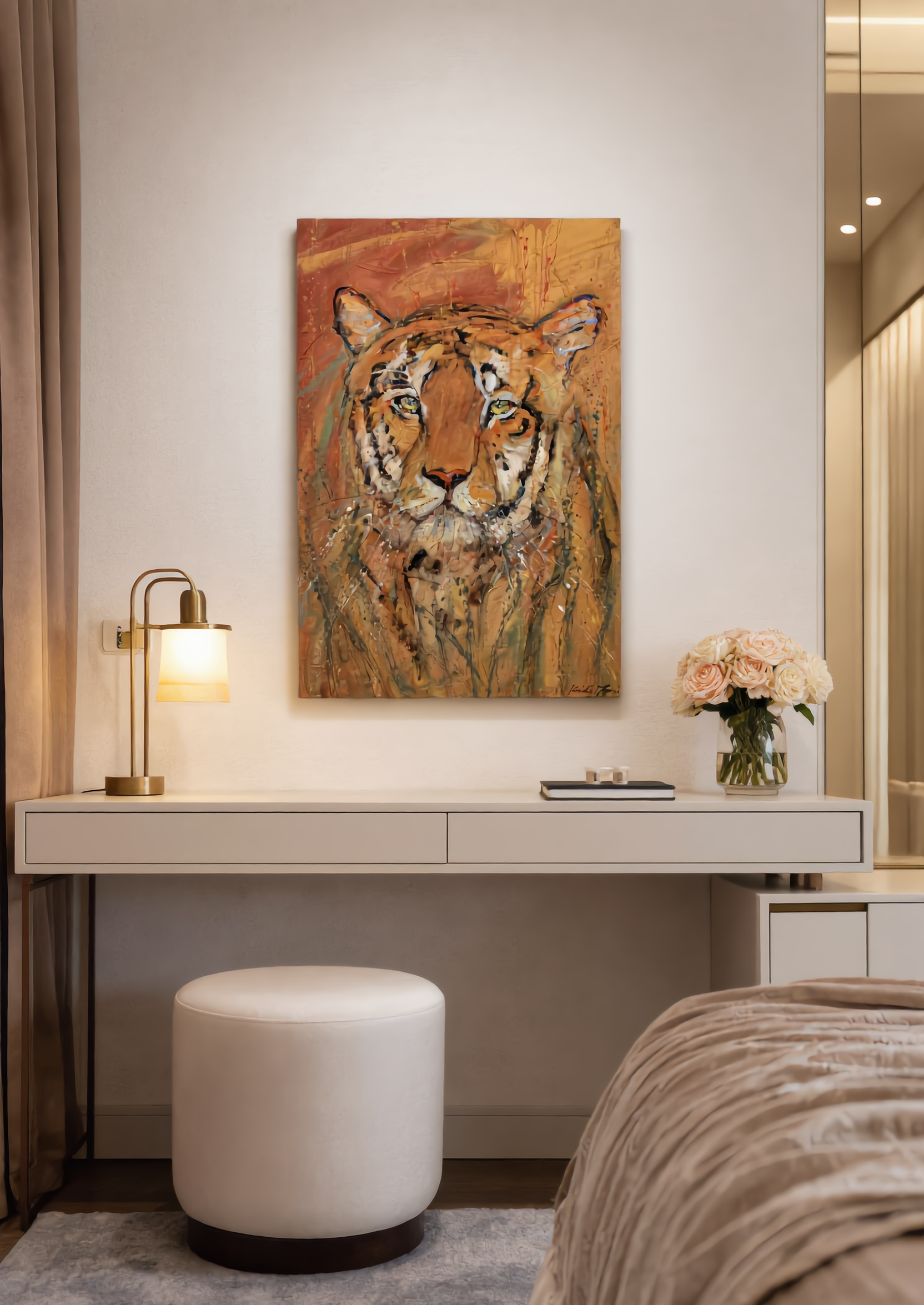 The Tiger premium canvas wall art by Swiss artist Heidi Thöni displayed above an elegant dressing table in a modern luxury bedroom
