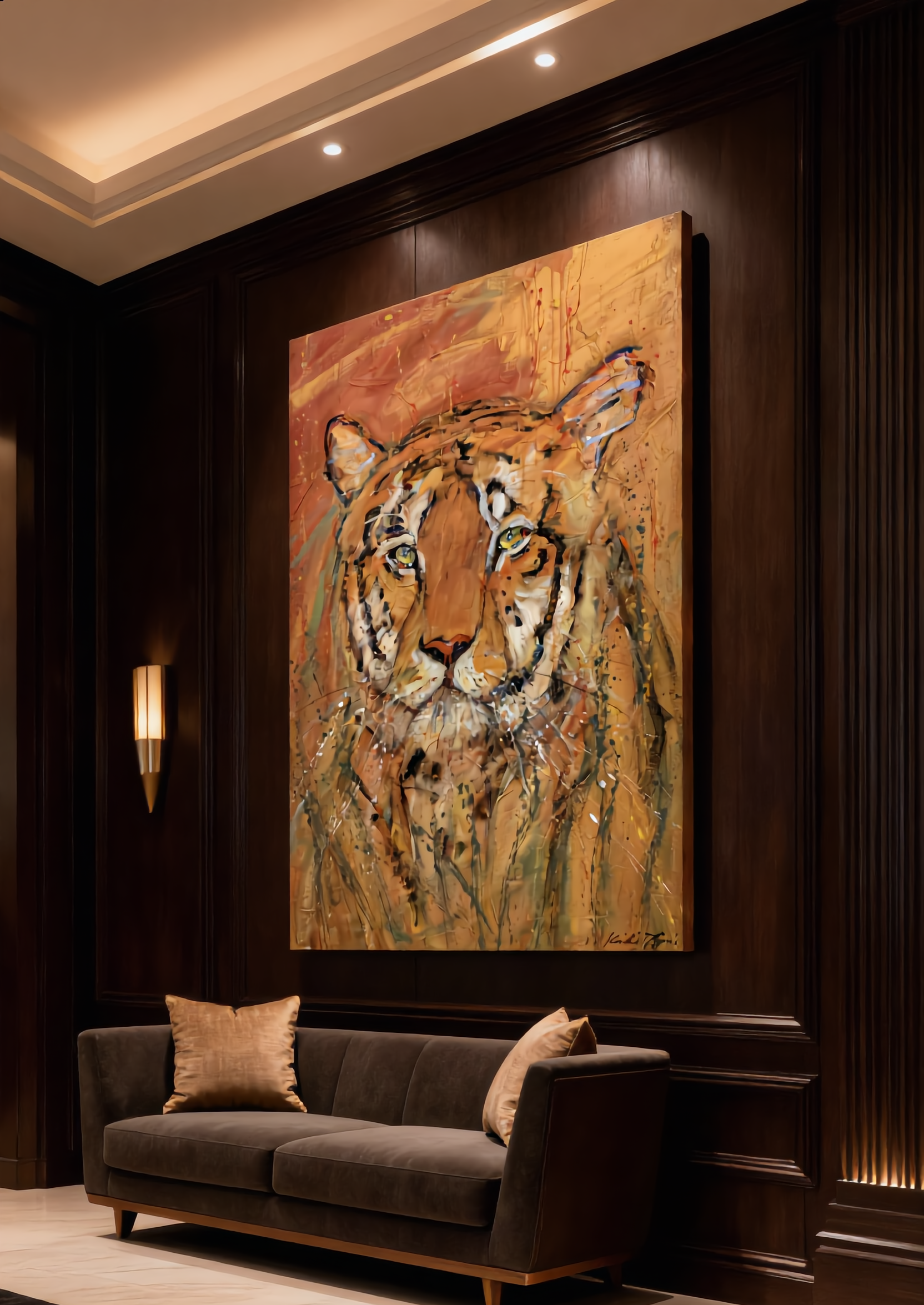 The Tiger premium canvas wall art by Swiss artist Heidi Thöni displayed in a luxury hotel lounge with elegant dark wood interior