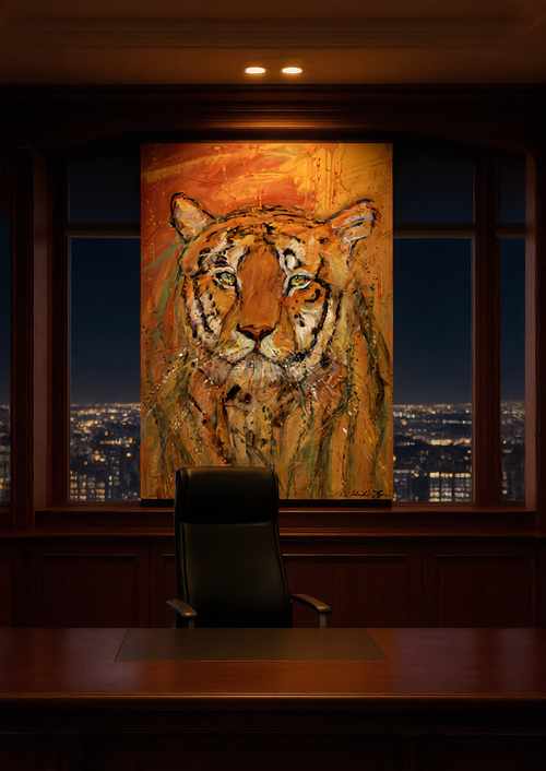 Premium tiger canvas wall art by Swiss artist Heidi Thöni displayed in a luxury office with panoramic city view