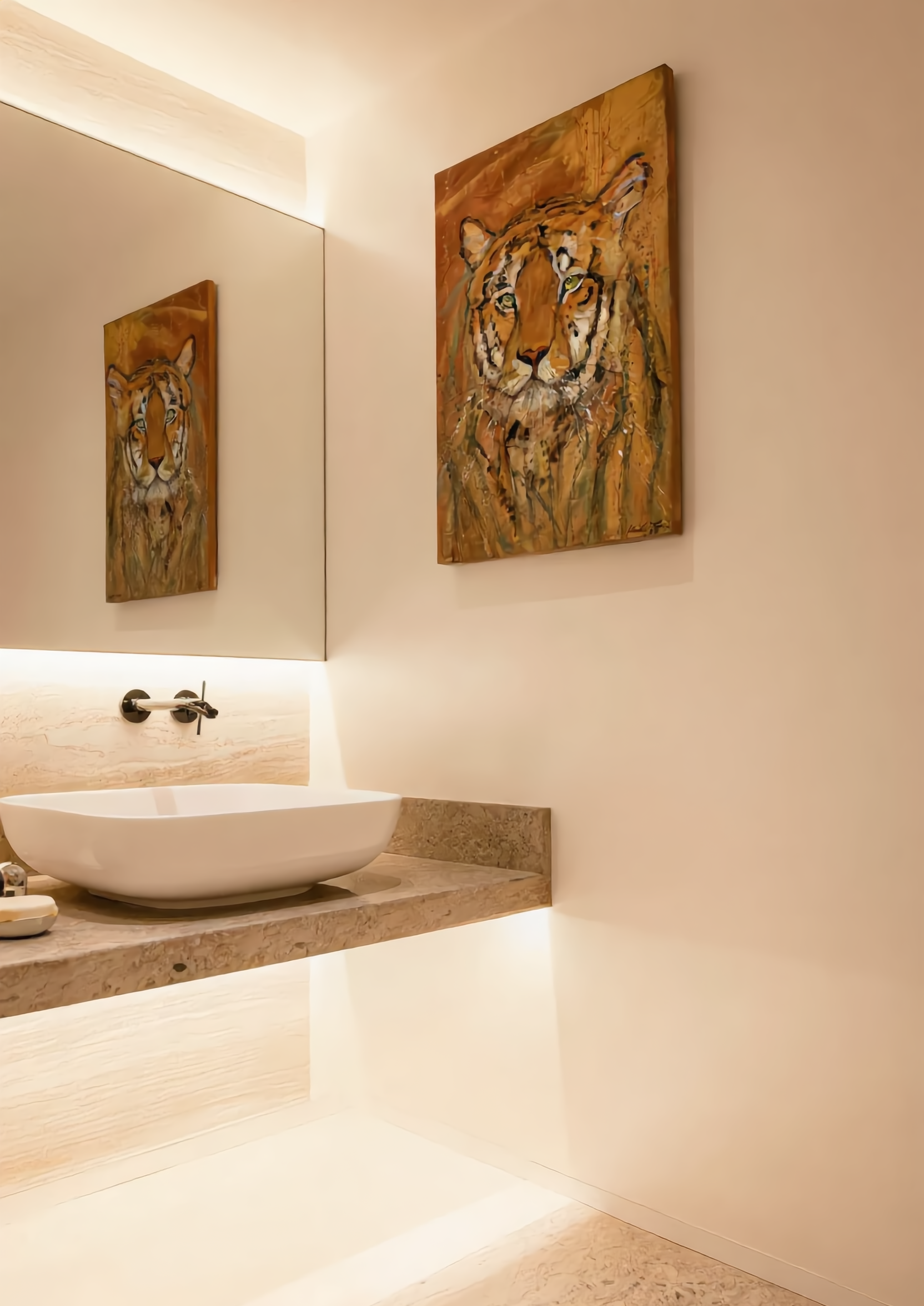 Premium tiger canvas wall art by Swiss artist Heidi Thöni displayed in a modern designer bathroom with elegant minimalist interior